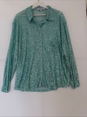 Amazing Lace Mint Sequin Button-Down Blouse